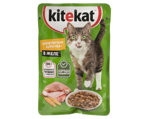 Корм консервированный для взрослых кошек KITEKAT с курицей в желе, полнорационный, Россия, 85г