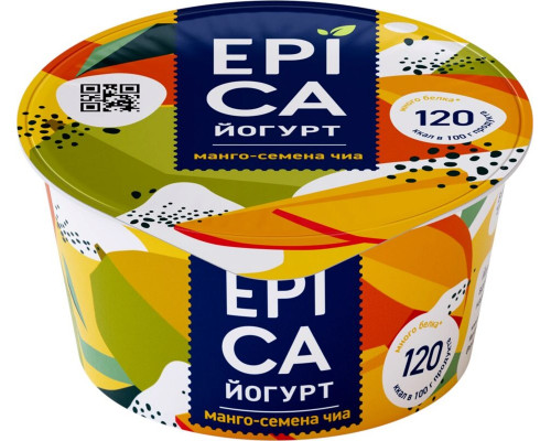 Йогурт EPICA манго-семенами чиа 5,0%, без змж, Россия, 130г