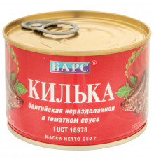 Килька БАРС балтийская неразделанная в томатном соусе, Россия, 250 г 