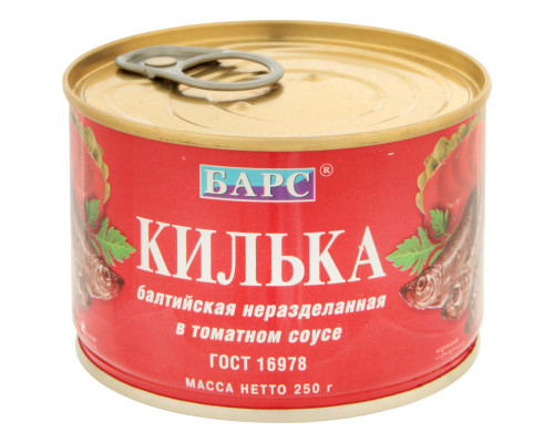 Килька БАРС балтийская неразделанная в томатном соусе, Россия, 250г