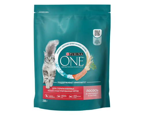 Корм сухой для стерилизованных кошек и кастрированных котов PURINA ONE с высоким содержанием лосося и пшеницей, полнорационный, Россия, 200г