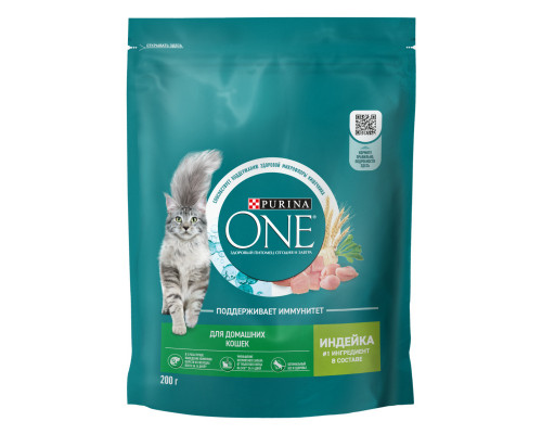 Корм сухой для взрослых кошек, живущих в домашних условиях PURINA ONE с высоким содержанием индейки и цельными злаками, полнорационный, Россия, 200г