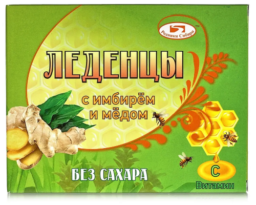 Карамель леденц РОДНИКИ СИБИРИ имбирь и мед, без сахара, Россия, 32 г (10*3,2 г) 
