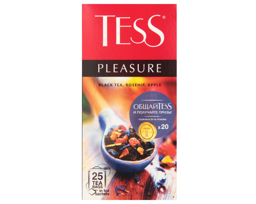 Чай TESS Pleasure разовый, черный байховый с ароматом тропических фруктов, пакетированный, Россия, 37,5 г (1.5 г*25)