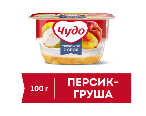 Десерт творожный ЧУДО Творожок взбитый двухслойный персик-груша 4,2%, без змж, Россия, 100г