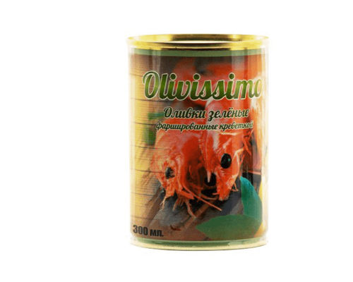 Оливки OLIVISSIMO зеленые, фаршированные креветкой, Испания, 280 г / 300 мл