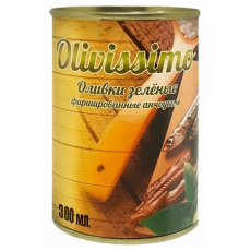 Оливки OLIVISSIMO зеленые, фаршированные анчоусом, Испания, 280г/300мл