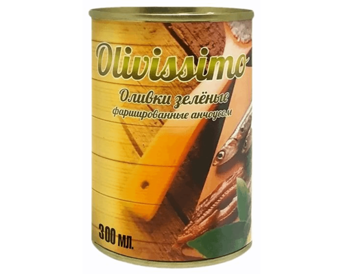 Оливки OLIVISSIMO зеленые, фаршированные анчоусом, Испания, 280г/300мл
