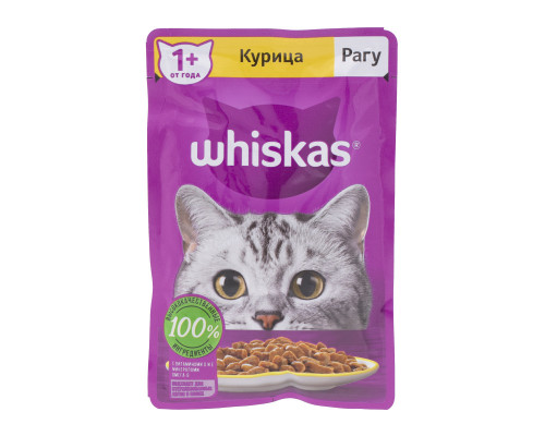 Корм консервированный для взрослых кошек WHISKAS Рагу с курицей, полнорационный, Россия, 75г