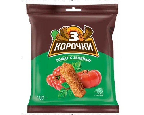 Сухарики ржаные ТРИ КОРОЧКИ Томат с зеленью, Россия, 100г