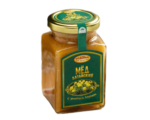 Мёд цветочный МЕДОВЫЙ КРАЙ Алтайский с Золотым корнем, натуральный, Россия, 330г