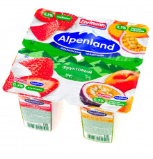 Продукт йогуртный ALPENLAND Фруктовый клубника/персик-маракуйя 0,3%, без змж, Россия, 95г
