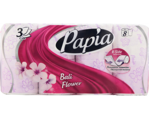 Бумага туалетная PAPIA 8 рулонов 3 слоя Bali Flower 