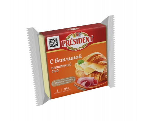 Сыр плавленный PRESIDENT С ветчиной 40%, ломтевой, Россия, 150г