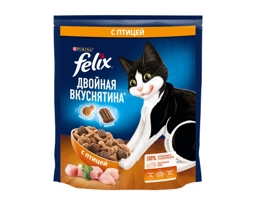 Корм сухой для взрослых кошек FELIX Двойная вкуснятина, с птицей, полнорационный, Россия, 600г