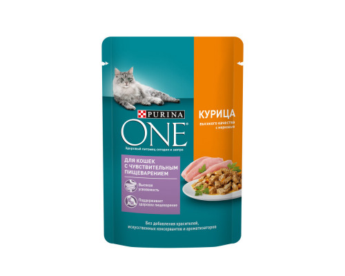Корм консервированный для кошек с чувствительным пищеварением PURINA ONE Курица высокого качества с морковью, полнорационный, Россия, 75г