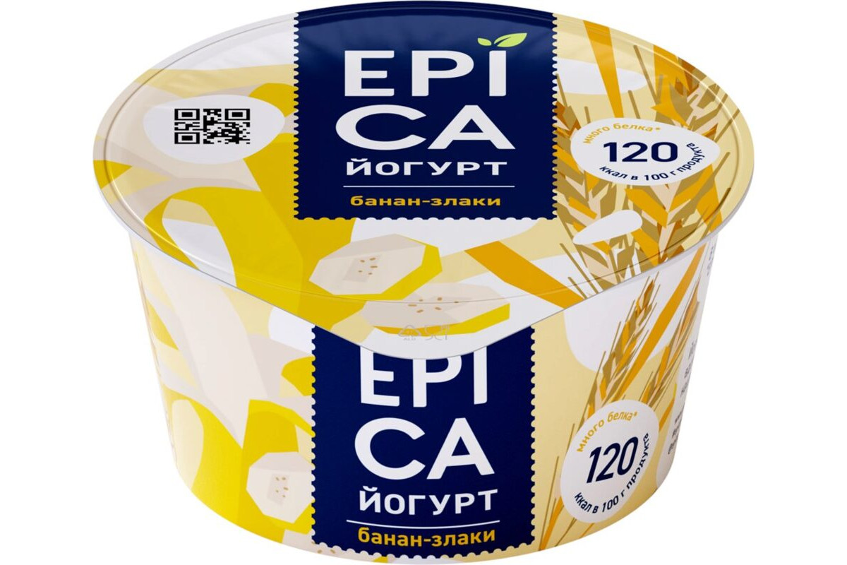 Купить <b>Йогурт</b> <b>EPICA</b> банан-злаки 4,9%, без змж, Россия, 130г с бесплатной до...