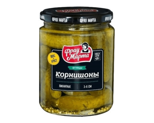 Огурцы корнишоны ФРАУ МАРТА пикантные, маринованные, Беларусь, 420г