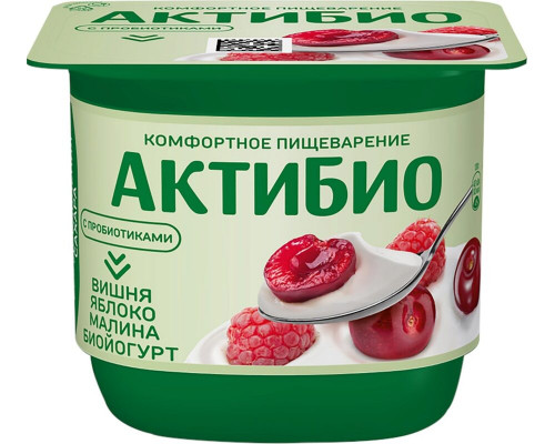 Биойогурт АКТИБИО вишня, яблоко, малиной 2,9%, без сахара, без змж, Россия, 130г