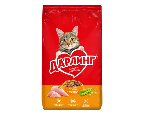 Корм сухой для взрослых кошек ДАРЛИНГ птица и овощи, полнорационный, Россия, 760г