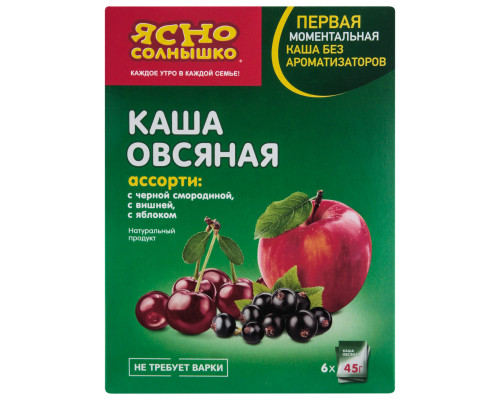 Каша овсяная ЯСНО СОЛНЫШКО Ассорти с черной смородиной, с вишней, с яблоком, Россия, 270г (6*45г)