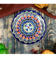 Тарелка Цветы Риштанская Керамика синяя, плоская, Узбекистан, 15см