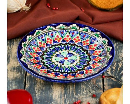 Тарелка Цветы Риштанская Керамика синяя, плоская, Узбекистан, 15см