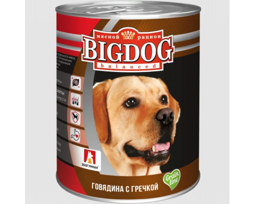 Корм консервированный для собак BIGDOG говядина с гречкой, Россия, 850г