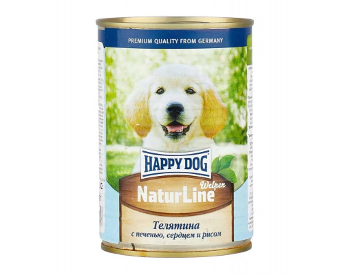 Корм консервированный для щенков HAPPY DOG NaturLine телятина, печень, сердце, рис, Россия, 410г