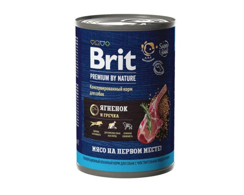 Корм консервированный для взрослых собак BRIT Premium ягненок и гречка, для всех пород, полнорационный Россия,410г