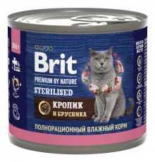 Корм консервированный для стерилизованных кошек BRIT Premium кролик и брусника, полнорационный, Россия, 200г