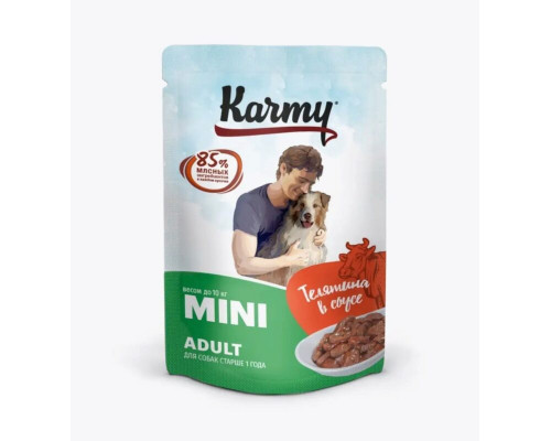 Корм консервированный для собак старше 1года KARMY Adult Mini Телятина в соусе, для мелких и миниатюрных пород, полнорационный, Россия, 80г