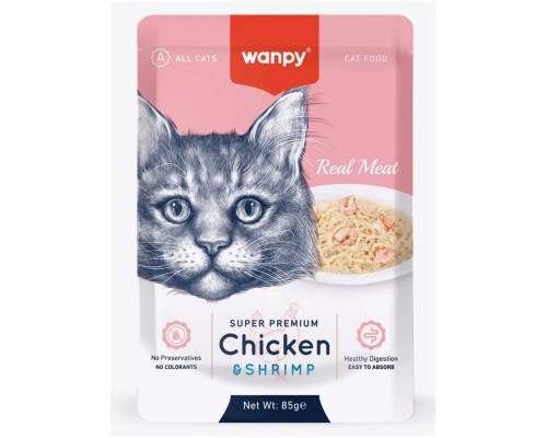 Корм консервированный для кошек WANPY курица с креветками, дополнительный, Китай, 85г