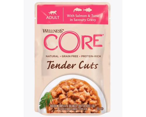 Корм консервированный для кошек CORE TENDER CUTS с лососем и тунцом в соусе, полнорационный, Тайланд, 85г