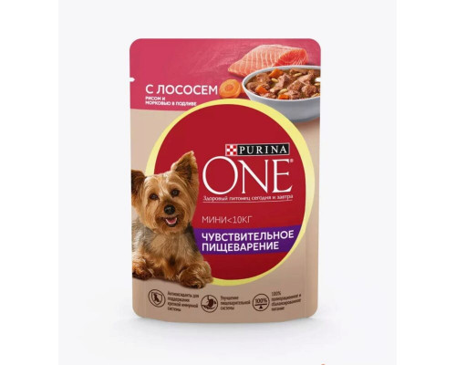 Корм консервированный для взрослых собак с чувствительным пищеварением PURINA ONE с лососем,рисом и морковью, для мелких и карликовых пород,полнорационный, 85г