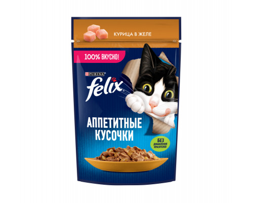 Корм консервированный для взрослых кошек FELIX Аппетитные кусочки, курица в желе, полнорационный, Россия, 75г