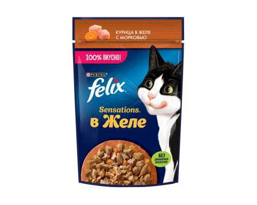 Корм консервированный для взрослых кошек FELIX Sensations курица в желе с морковью, полнорационный, Россия, 75г