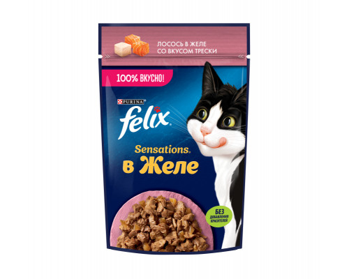 Корм консервированный для взрослых кошек FELIX Sensations лосось в желе со вкусом трески, полнорационный, Россия, 75г