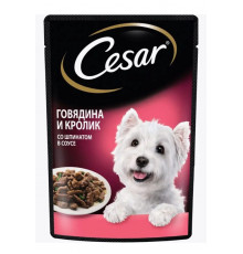 Корм консервированный для взрослых собак CESAR говядина и кролик со шпинатом в соусе, для всех пород, полнорационный, Россия, 85г