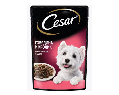 Корм консервированный для взрослых собак CESAR говядина и кролик со шпинатом в соусе, для всех пород, полнорационный, Россия, 85г
