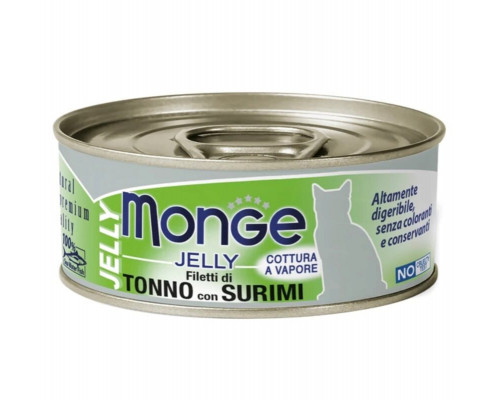 Корм консервированный для кошек MONGE Jelly желтоперый тунец с сурими в желе, дополнительный, Тайланд, 80г