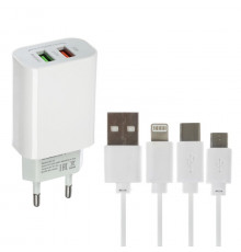 Комплект для зарядки 3в1 LuazON UC-14,СЗУ 2*USB,2А,microUSB/Type-C/Lightning,белый,Китай