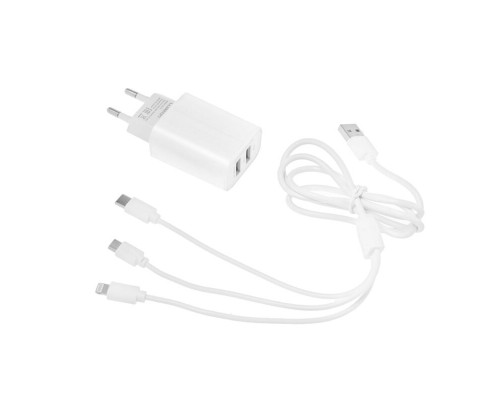 Комплект для зарядки 3в1 LuazON UC-14,СЗУ 2*USB,2А,microUSB/Type-C/Lightning,белый,Китай