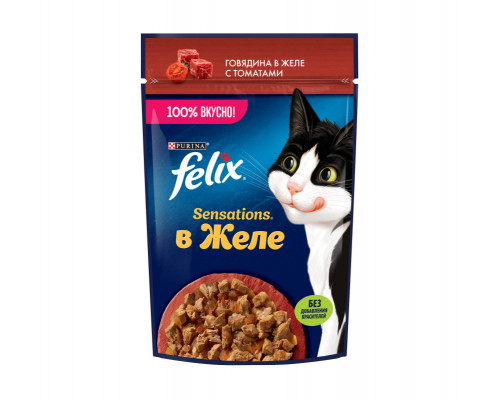 Корм консервированный для взрослых кошек FELIX Sensations говядина в желе с томатами, полнорационный, Россия, 75г