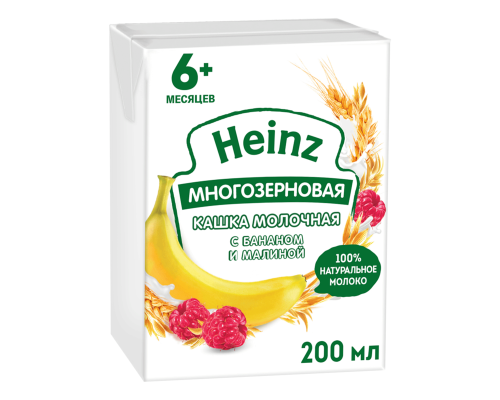 Кашка молочная HEINZ многозерновая с бананом и малиной, с 6 месяцев, Россия, 0,2л