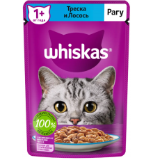 Корм консервированный для взрослых кошек WHISKAS Рагу с треской и лососем, полнорационный, Россия, 75г