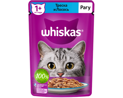 Корм консервированный для взрослых кошек WHISKAS Рагу с треской и лососем, полнорационный, Россия, 75г