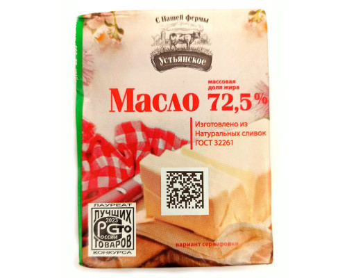 Масло УСТЬЯНСКОЕ Крестьянское сладко-сливочное 72,5% ГОСТ, Россия, 180г