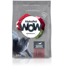 Корм сухой для взрослых домашних кошек и котов ALPHAPET WOW Superpremium с говядиной и печенью,полнорационный, Россия, 350г