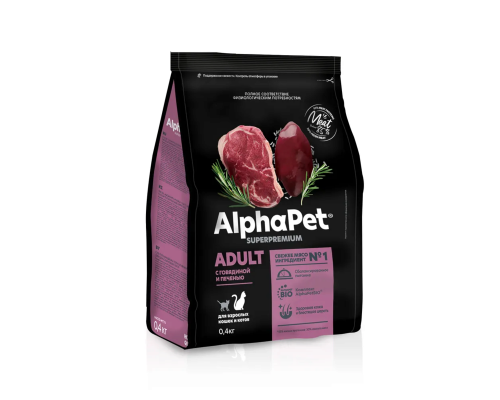 Корм сухой для взрослых  кошек и котов ALPHAPET Superpremium ADULT с говядиной и печенью, полнорационный, Россия, 400г